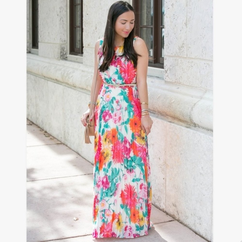 Eliza J Floral Maxi Dress Size 2 Colorful Accordion Pleat Sleeveless Chiffon